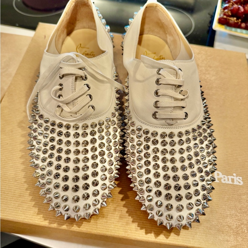 Christian Louboutin Cream Leather Spike-Embellished Lace-Up Flats